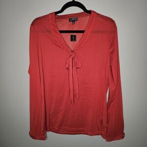 The Limited Womens L V Neck Bow Blouse Sheer Polka Dot Long Sleeve Red Black Top